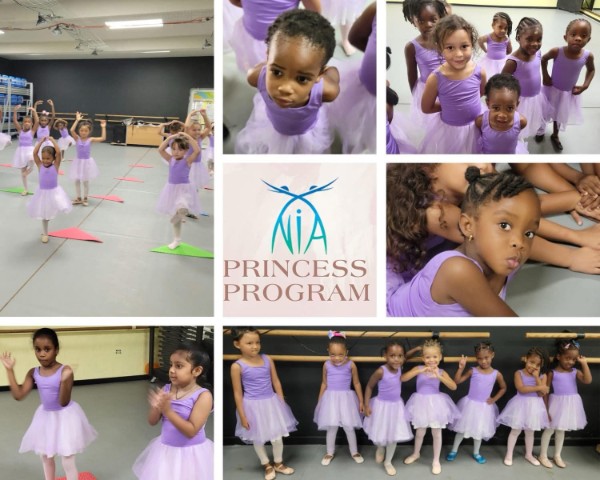 Collage of young dancers learning and posing in lilac dresses during the NIA Princess Program